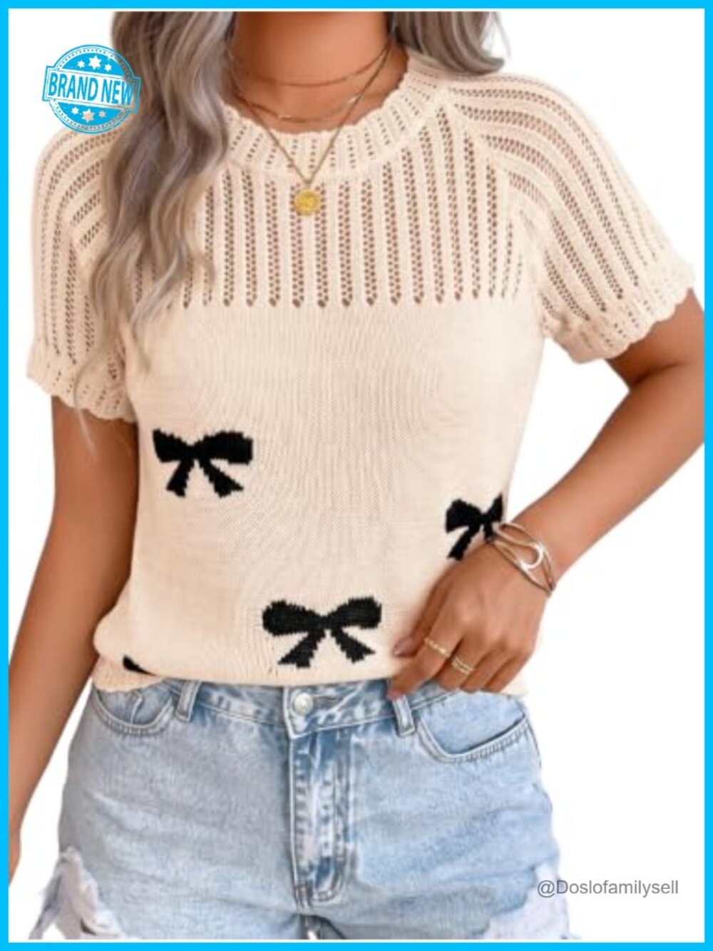 Women's Crochet Knit Pullover Sweater Short Sleeve Loose Fit Tunic Top